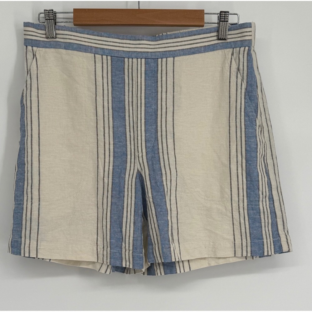 Banana Republic Blue Cream Striped Linen Blend Shorts Womens Sz M Elastic Back
